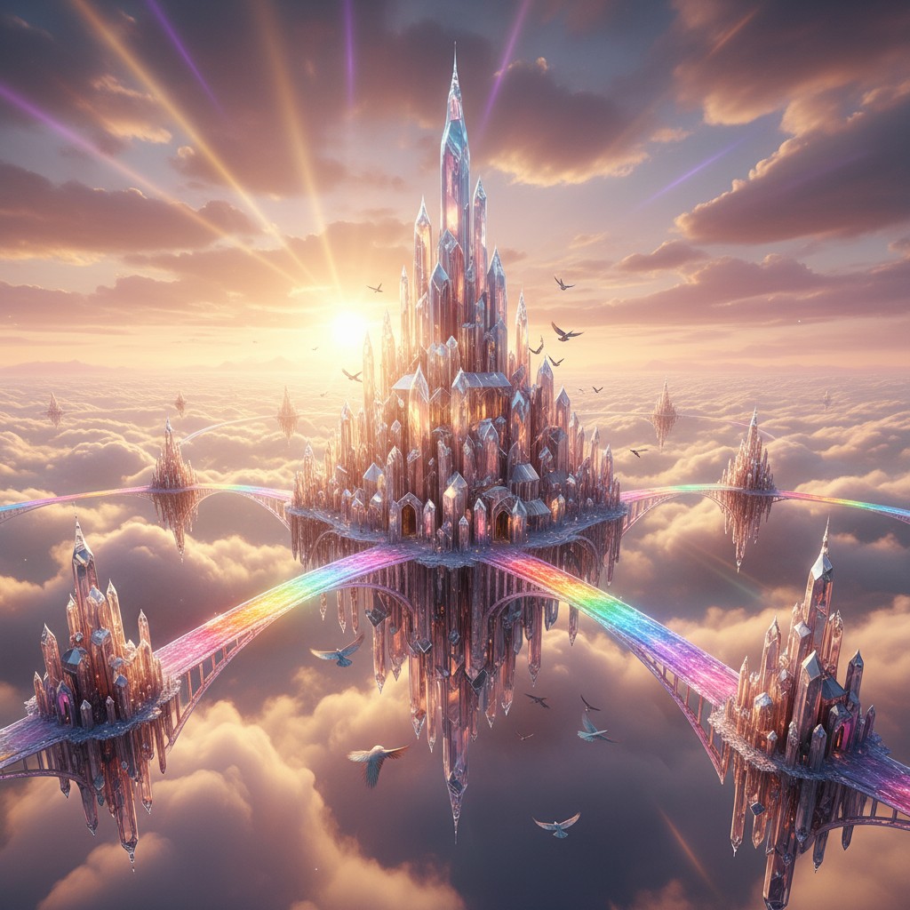 A fantastical city made of crystals. The sun is coming through the clouds, casting an ethereal light, with rainbow-colored...