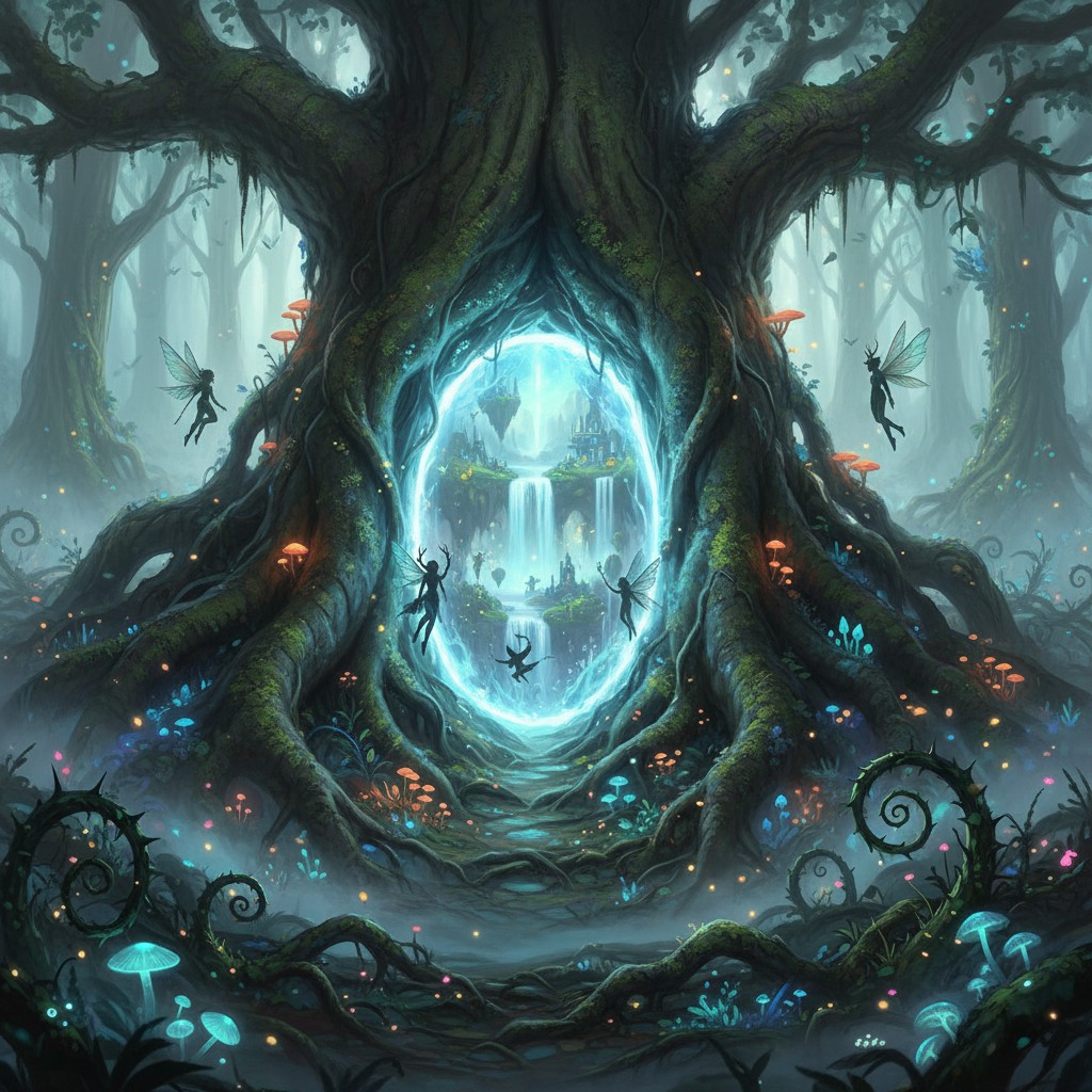 A fantastical forest scene with a large tree trunk and faeries.