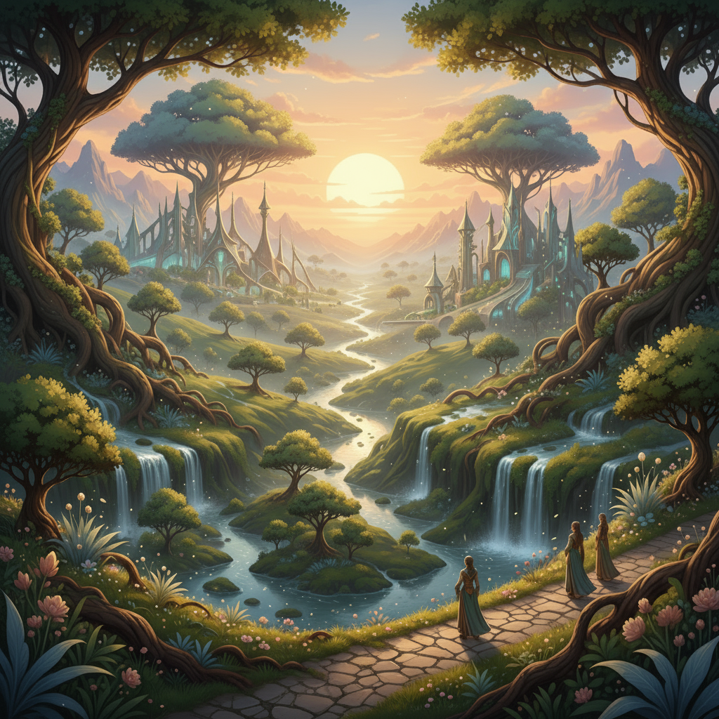 a landscape of elven features with a city in the background, gentle lighting, sunset energy, natural and soft colors, and a golden glow