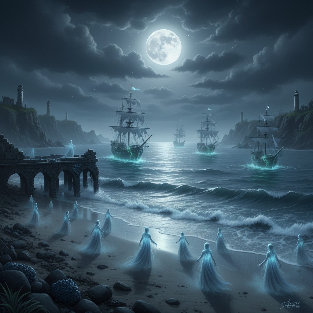 A mystical scene at the water's edge, as glowing figures adorned in flowing robes emerge from the moonlit sea, surrounded ...