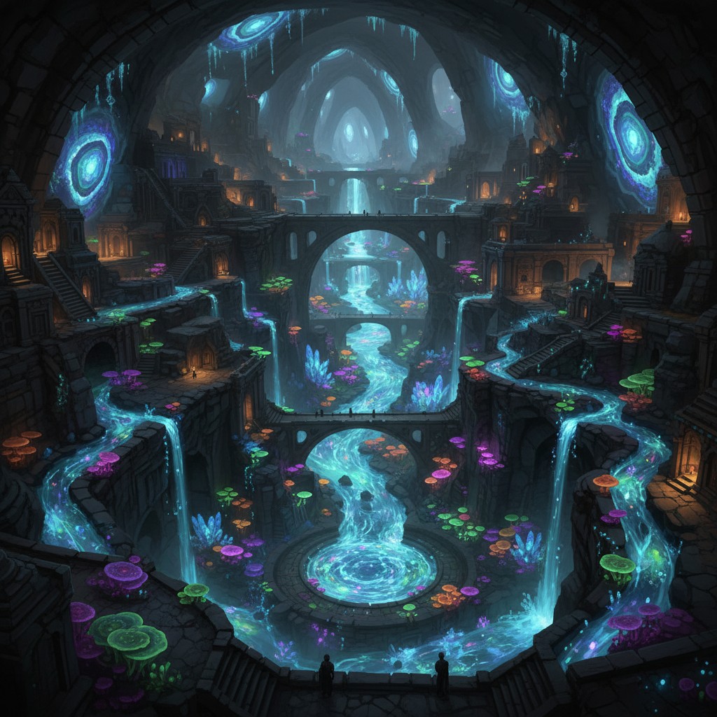 A fantasy rendering of an underwater, otherworldly city in a large underground cave system, featuring glowing bioluminesce...