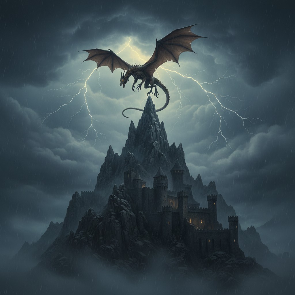 Lightning illuminates a castle, with menacing dragon looming over.