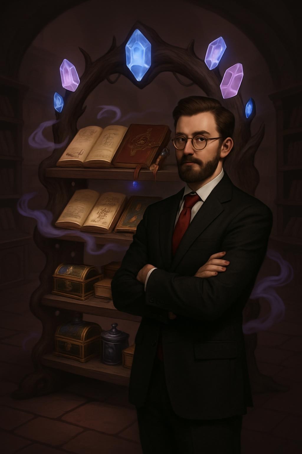 Adjust the person's attire: put him in a black suit with a red tie. Change his pose to be a bit sideways with his arms crossed.