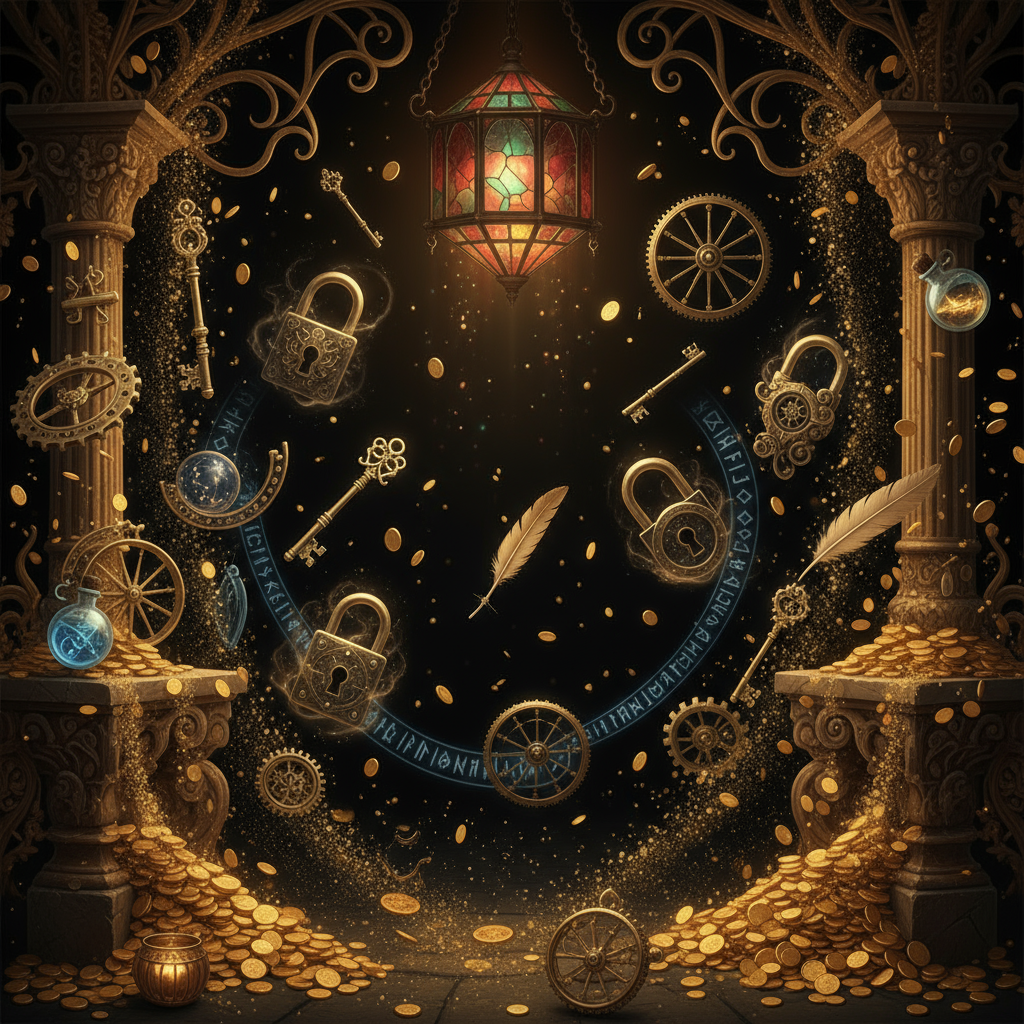 An image with a black background and gold design elements, styled like a fantasy shop with Dungeons & Dragons energy: floating magical keys, locks, mechanical wheels, mysterious artifacts, glittering gold coins, and mystical runes, all arranged in an enchanting, adventurous way.