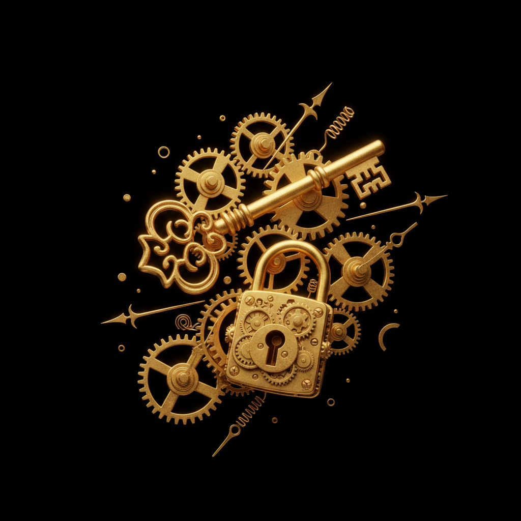 An image with a black background featuring gold design elements such as a key, a lock, mechanical wheels, and other floating gold accents. Luxury, steampunk inspired, elegant composition.