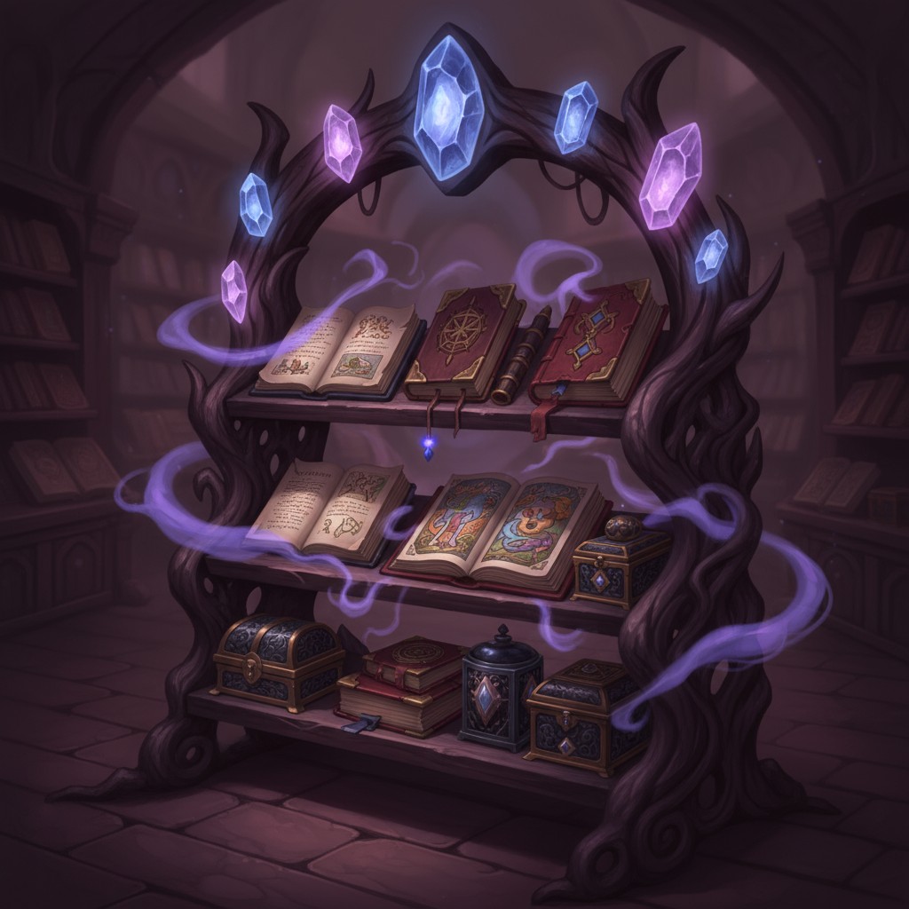 "Digital illustration of a fantasy bookshelf with spell books and healing potions".
