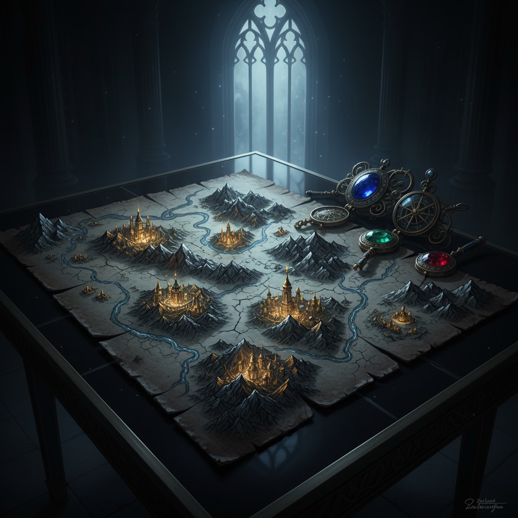 A fantasy map with mountains, rivers, and castles in an ornate room.