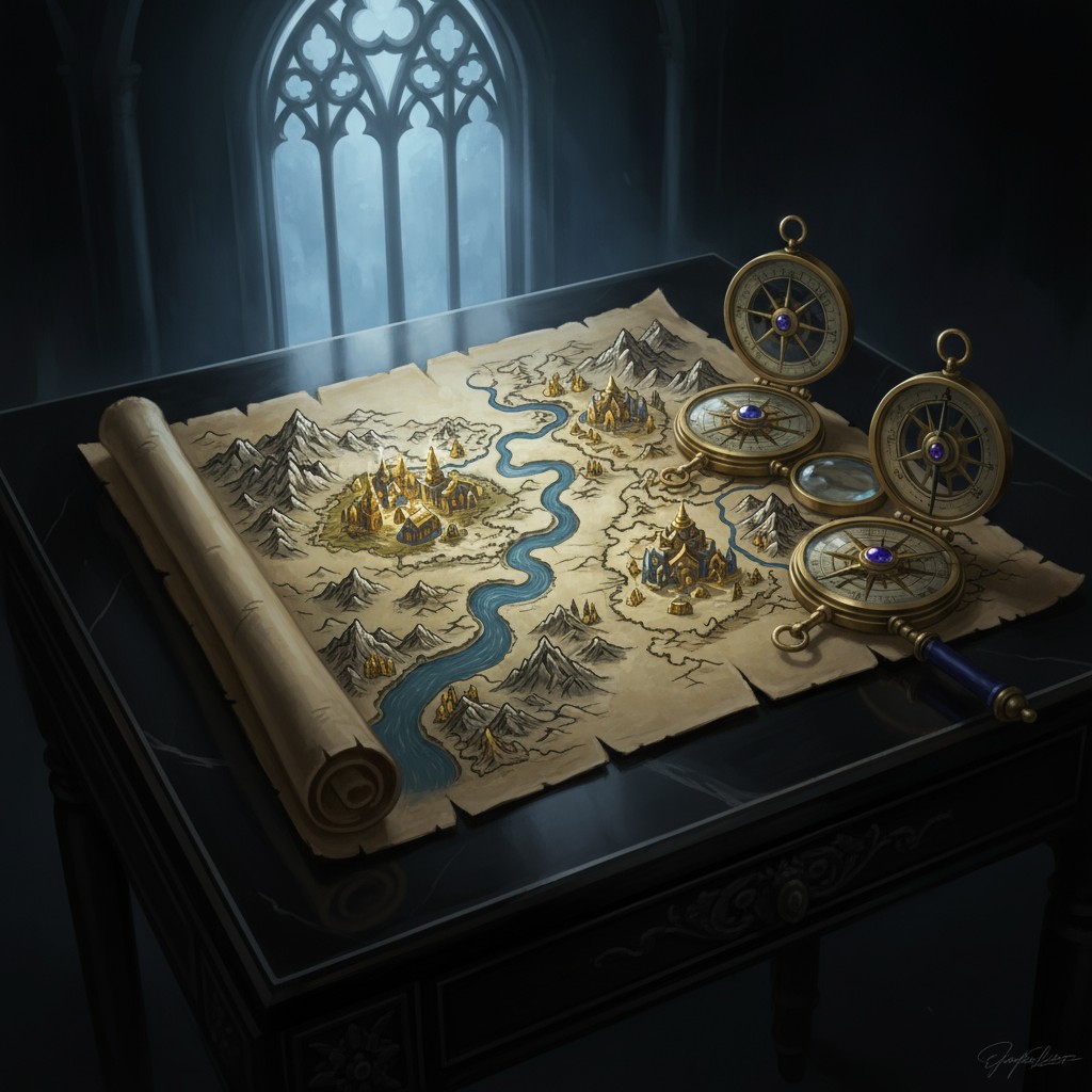 An ancient scroll opens on a dark table, mapping a fantastical land with mountains. Gold icons adorn the map as rolling ri...