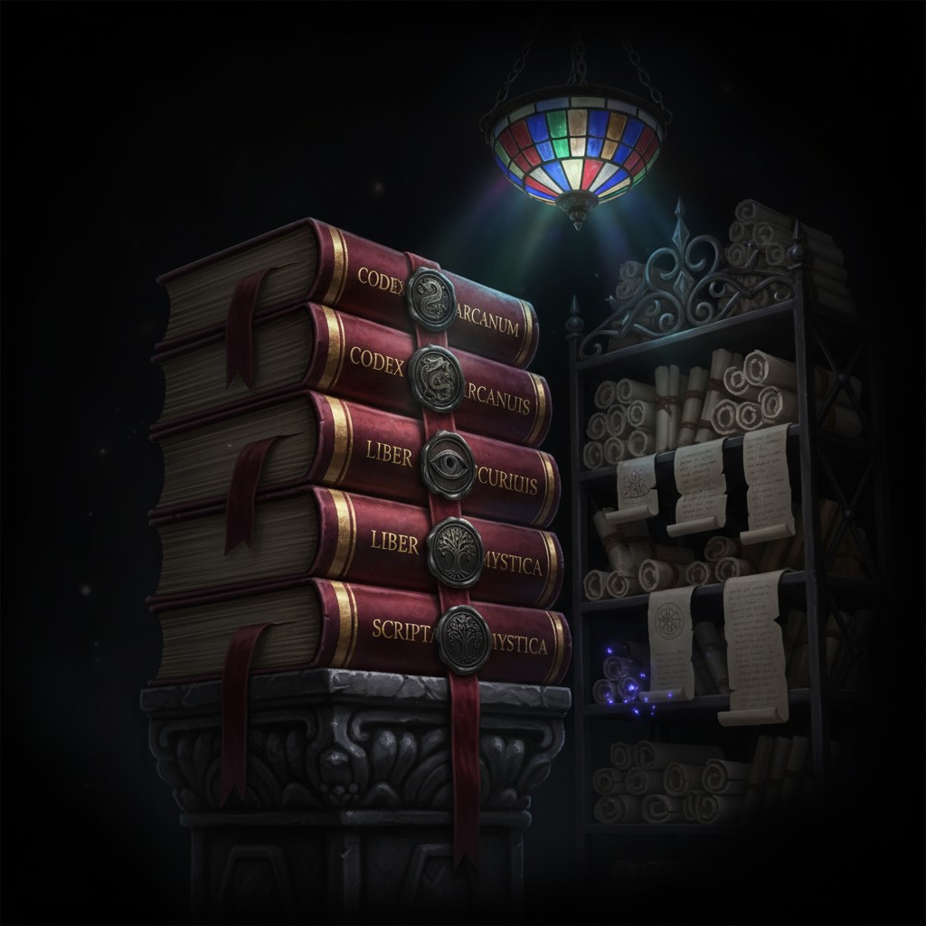 Book stack with leather bindings, a bookshelf with scrolls, and a stained glass lamp shade.