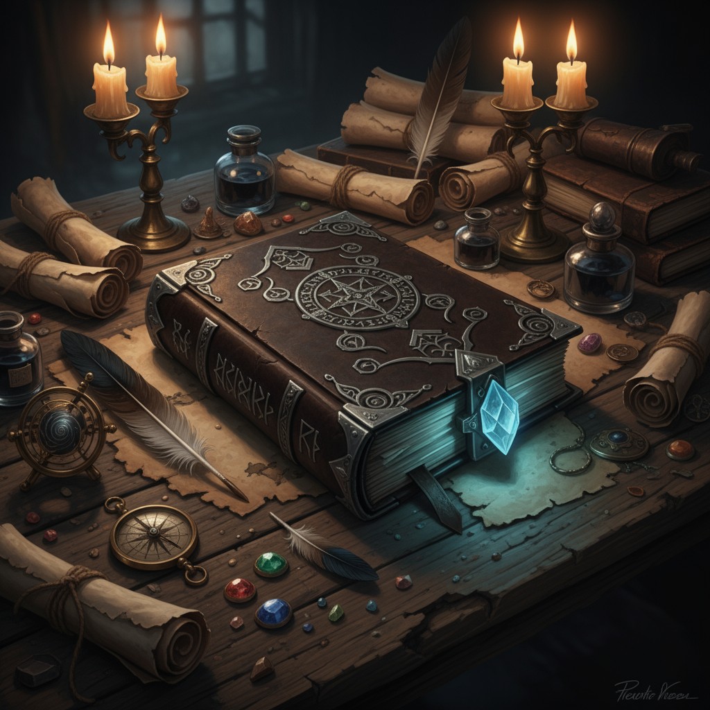 A fantasy illustration of a magic book surrounded by magical objects, featuring a book with glowing blue pages, accompanie...